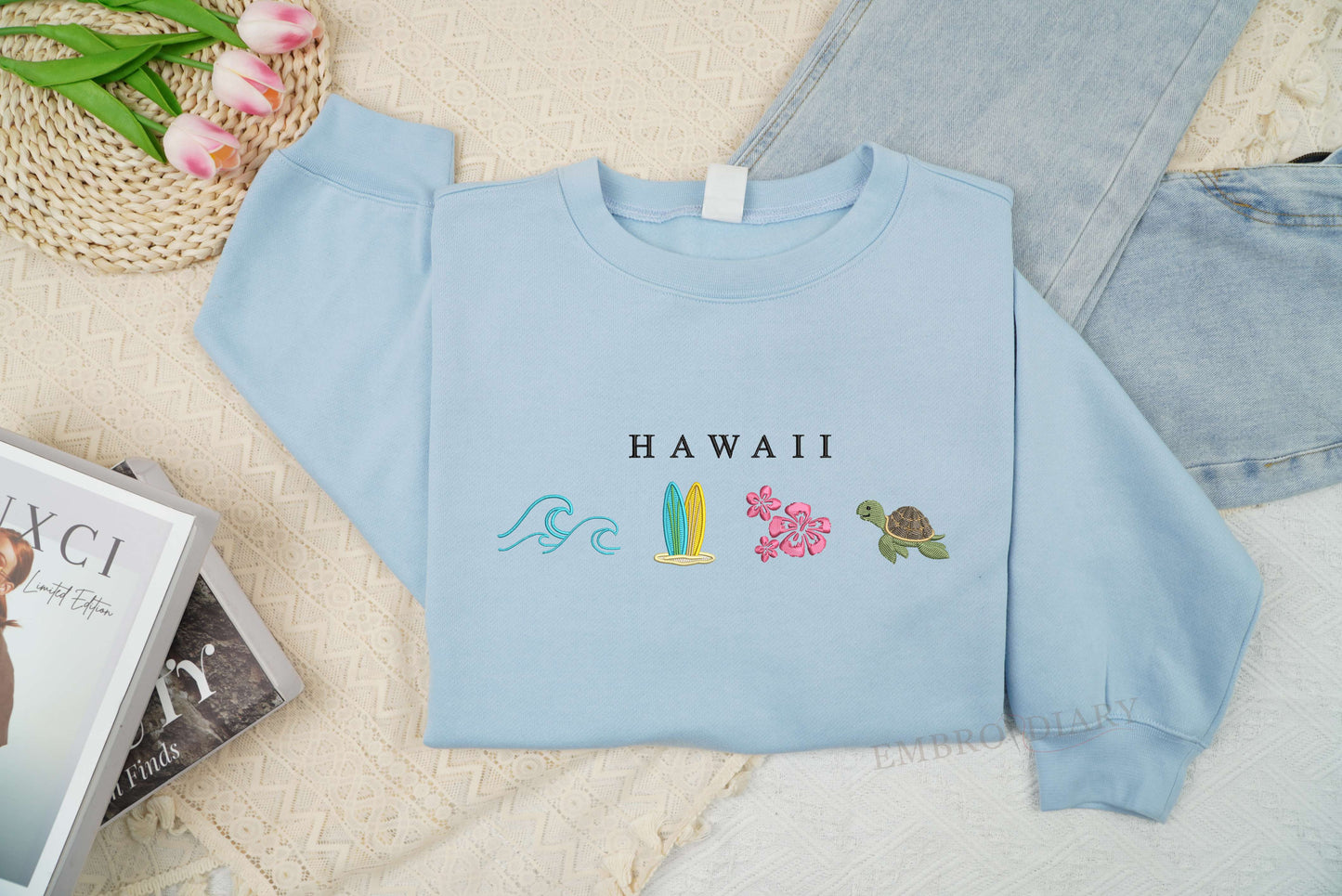 Embroidered Hawaii Sweatshirt, Tropical Shirt, Rainbow T-Shirt, Honolulu Embroidered Tee, Beach Bum Shirt, Retro Beach Shirt