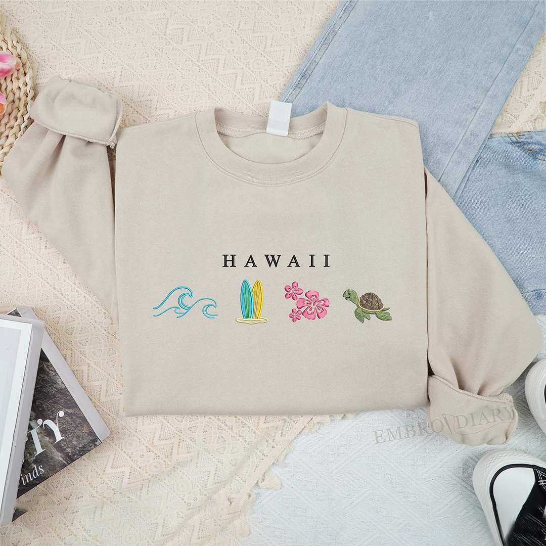 Embroidered Hawaii Sweatshirt, Tropical Shirt, Rainbow T-Shirt, Honolulu Embroidered Tee, Beach Bum Shirt, Retro Beach Shirt