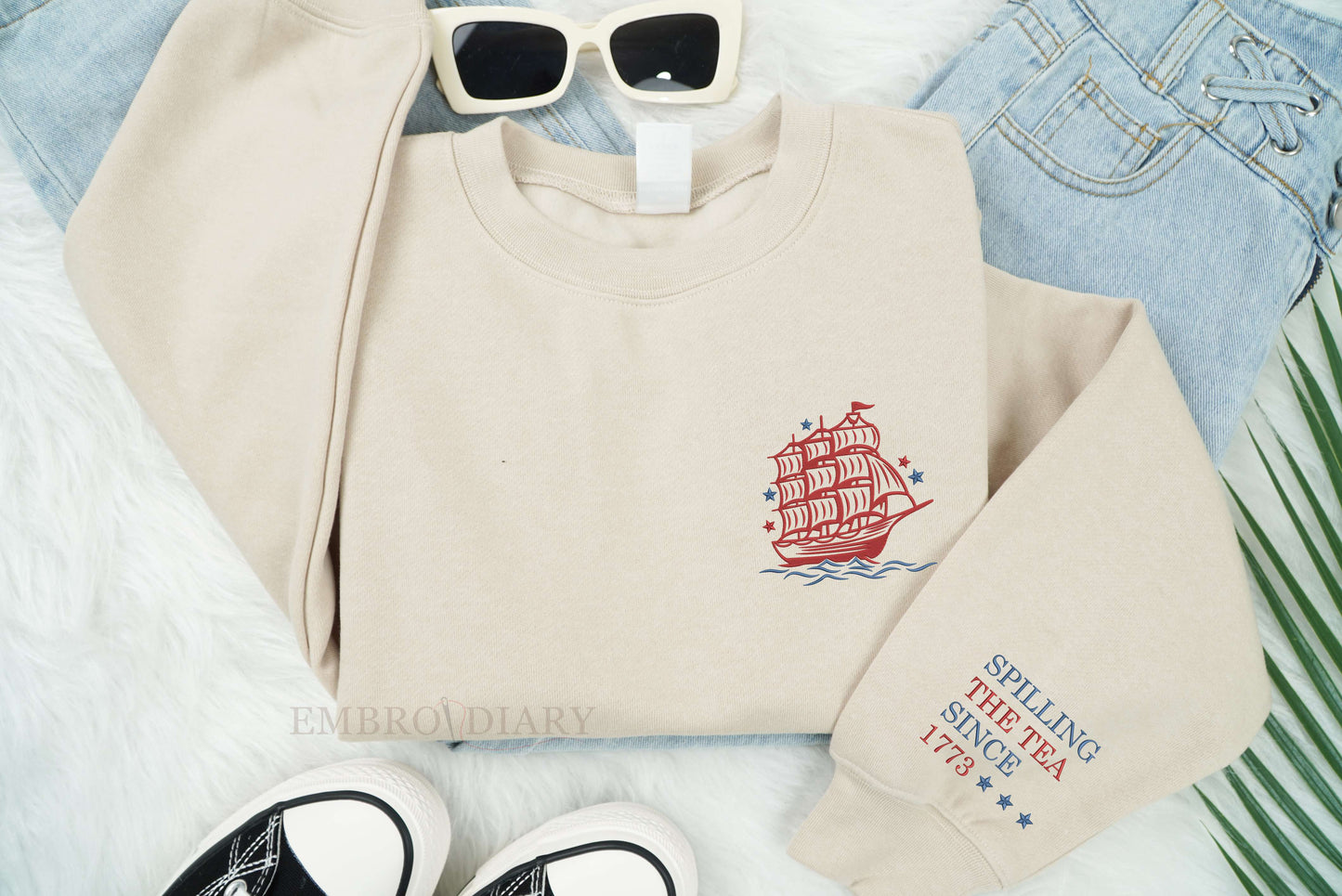 Embroidered Funny 4th of July Shirt, July 4th Party Tee, Spilling the Tea Since 1773, Veterans Gift, Patriotic Top, Independence Day Tee.