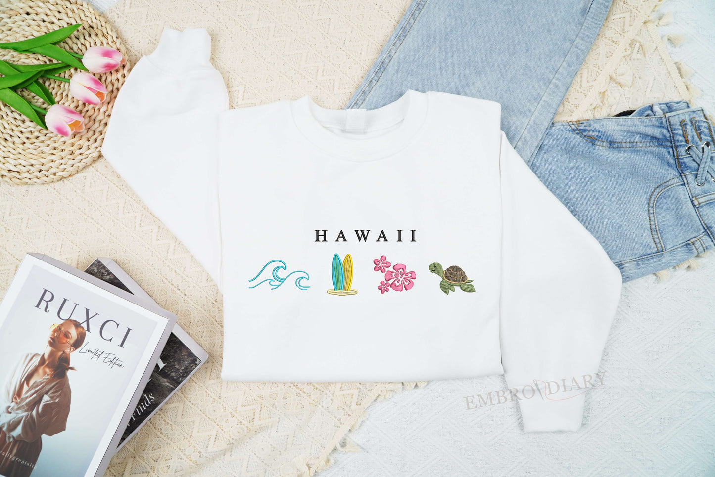 Embroidered Hawaii Sweatshirt, Tropical Shirt, Rainbow T-Shirt, Honolulu Embroidered Tee, Beach Bum Shirt, Retro Beach Shirt
