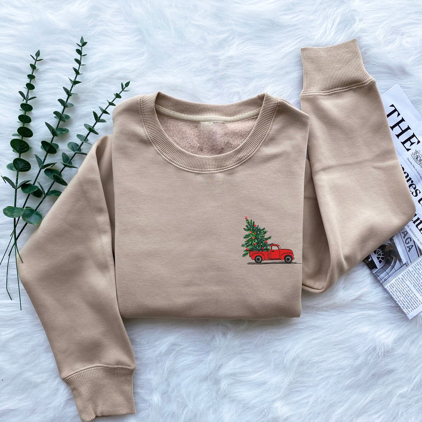 Red Christmas Tree Truck Embroidered Sweatshirt, Santa's Car Christmas Transfer Crewneck