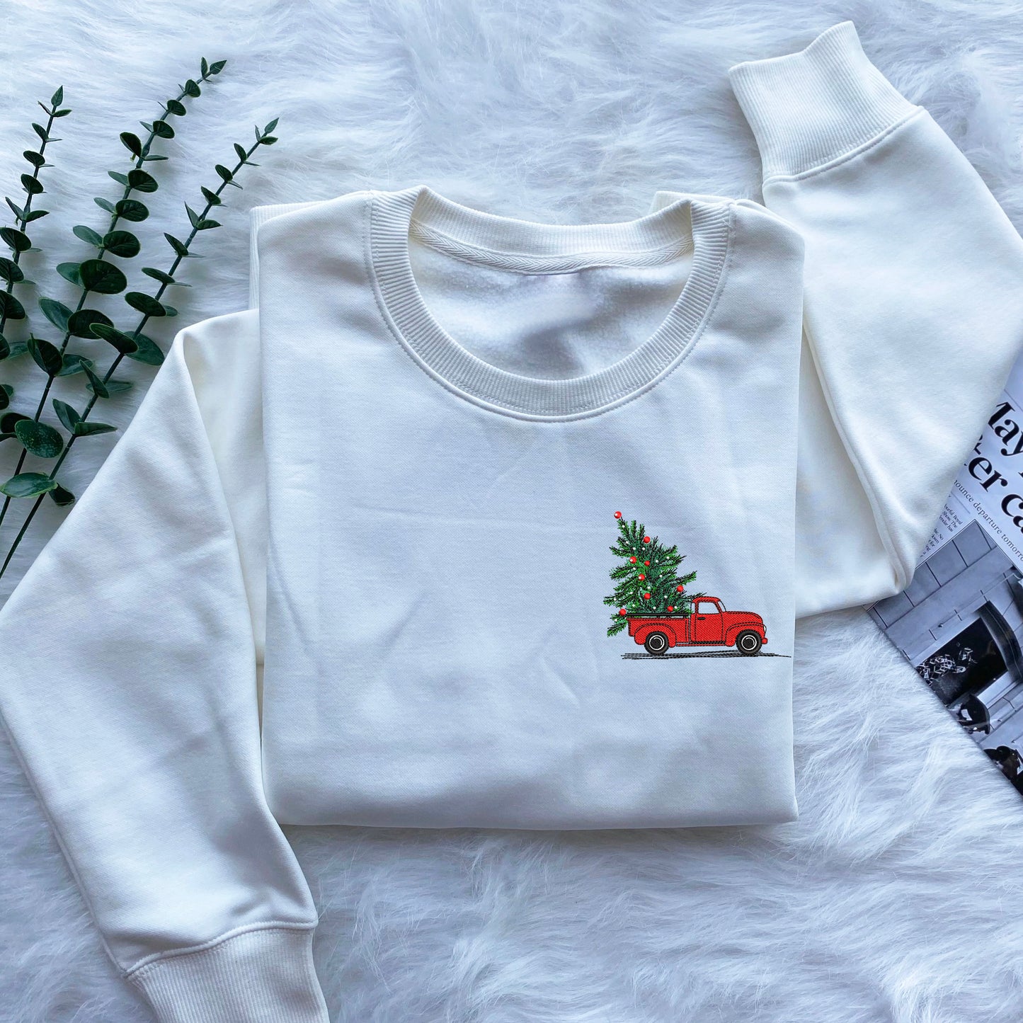 Red Christmas Tree Truck Embroidered Sweatshirt, Santa's Car Christmas Transfer Crewneck