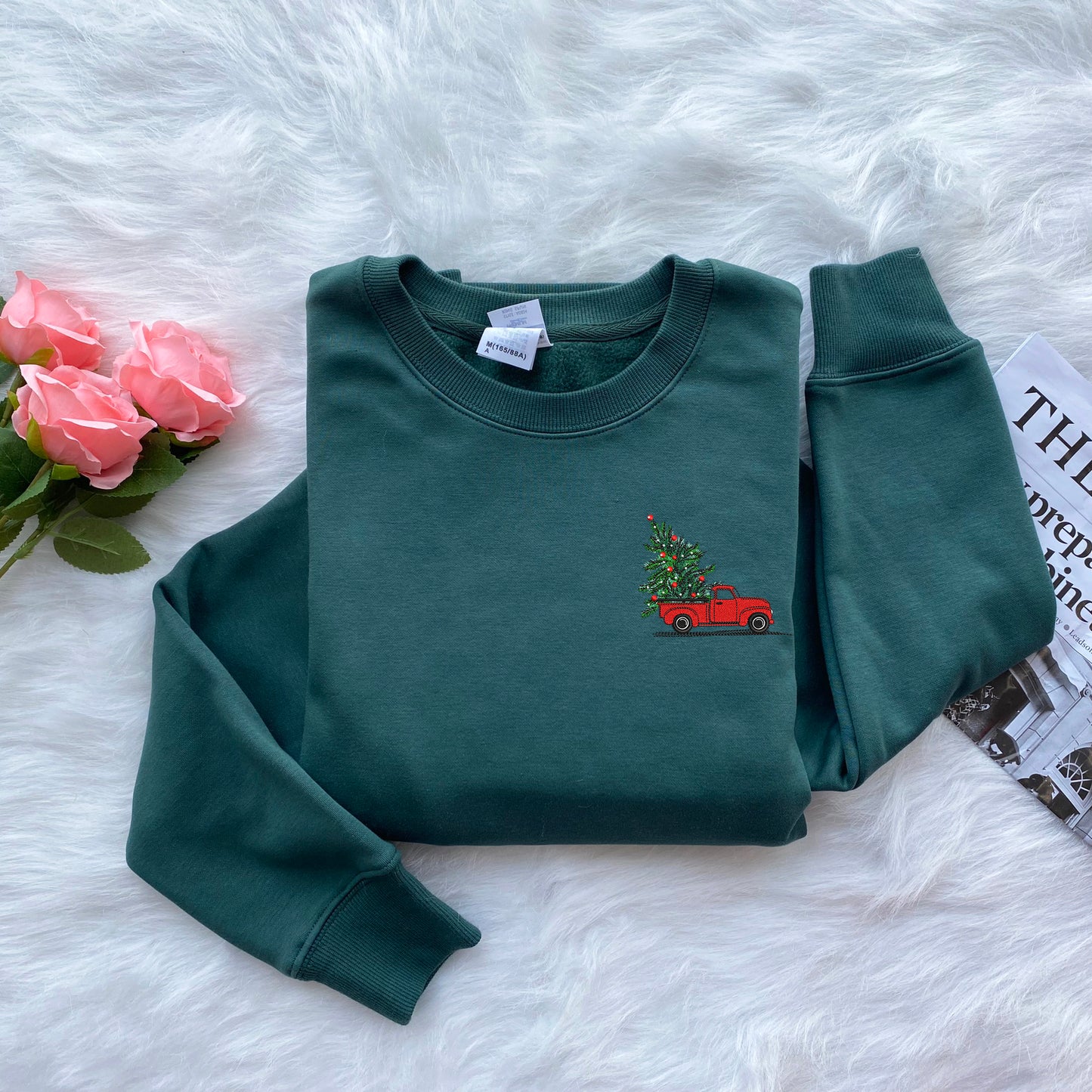 Red Christmas Tree Truck Embroidered Sweatshirt, Santa's Car Christmas Transfer Crewneck