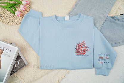 Embroidered Funny 4th of July Shirt, July 4th Party Tee, Spilling the Tea Since 1773, Veterans Gift, Patriotic Top, Independence Day Tee.