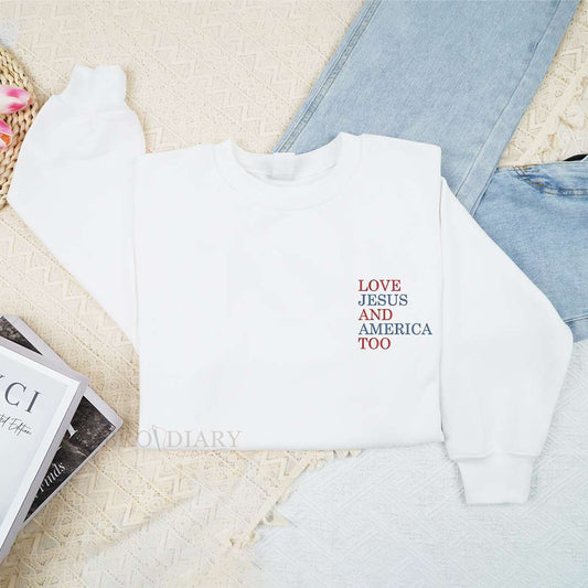 Embroidered Loves Jesus and America Too Shirt, Patriotic Christian Shirt, Independence Day Gift, USA Shirt, Red White and Blue Shirt.