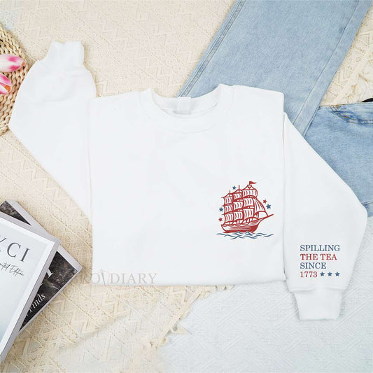 Embroidered Funny 4th of July Shirt, July 4th Party Tee, Spilling the Tea Since 1773, Veterans Gift, Patriotic Top, Independence Day Tee.