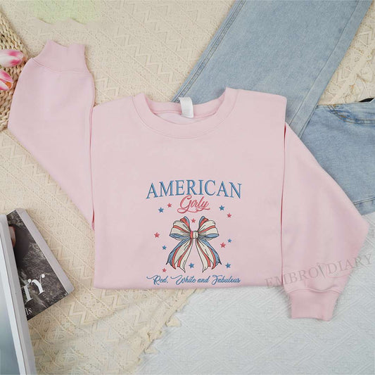 Embroidered Coquette American Girly Shirt, Coquette Bow Shirt, 4th Of July Shirt, America Shirt, Freedom Shirt, American Flag Shirt.