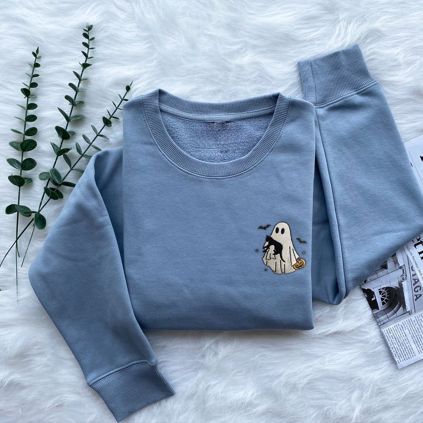 Ghost With Black Cat Embroidered Sweatshirt
