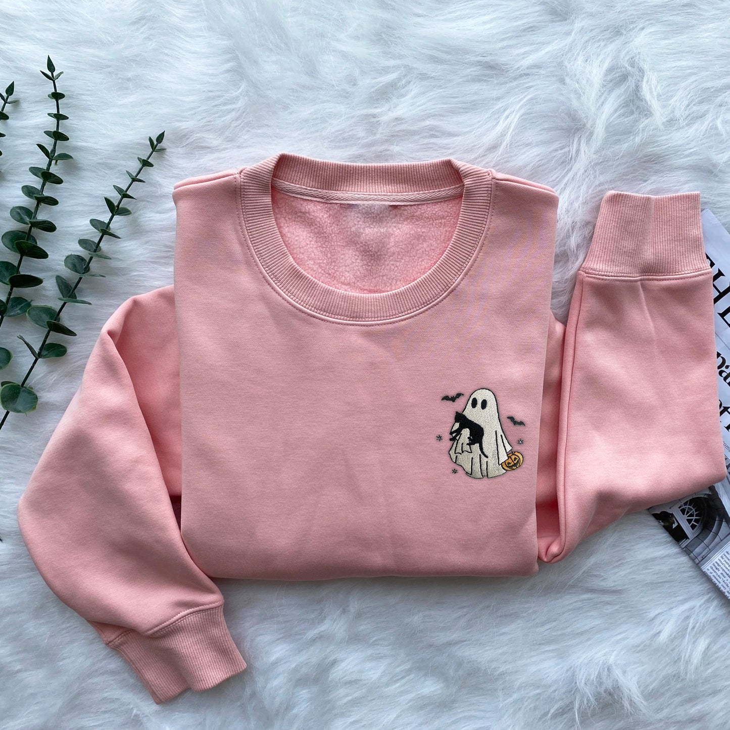 Ghost With Black Cat Embroidered Sweatshirt