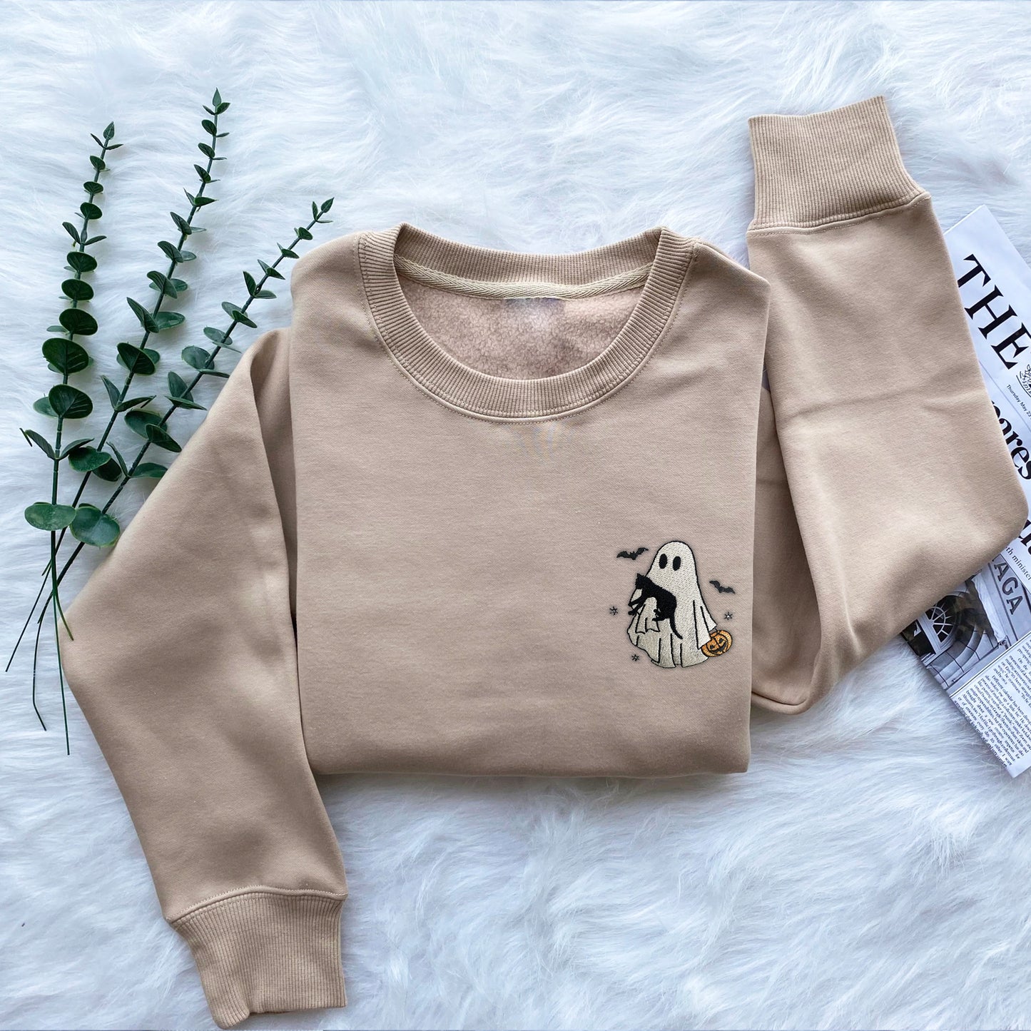 Ghost With Black Cat Embroidered Sweatshirt