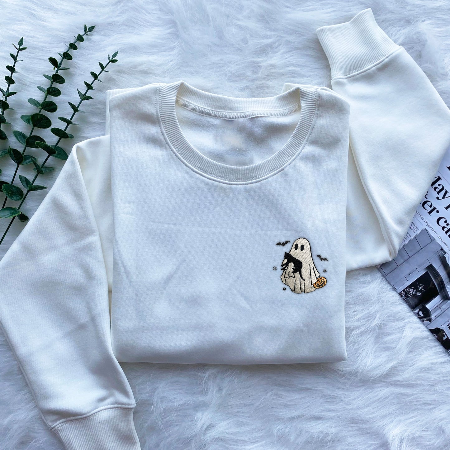 Ghost With Black Cat Embroidered Sweatshirt