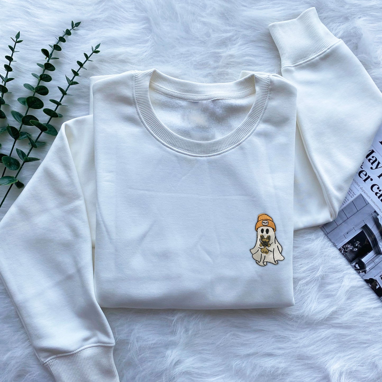 Cute Ghost With Dog Embroidered Sweatshirt